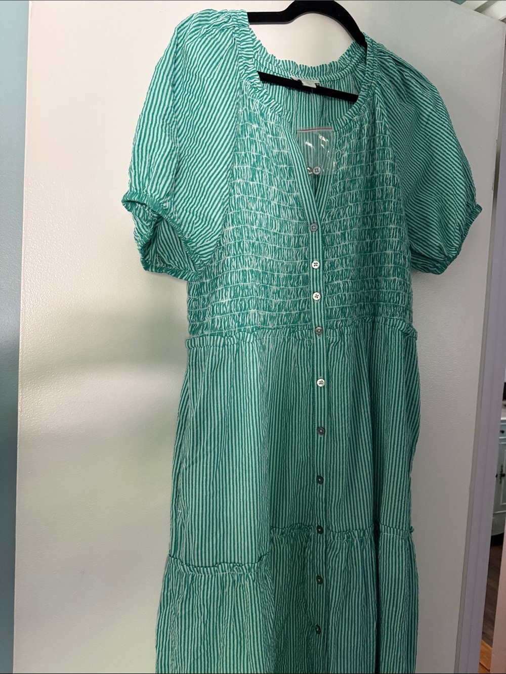 Sundance Green and White Striped Button-Front, smocked top,Tiered Maxi Dress NWT